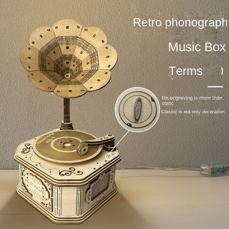 Wooden 3d stereo music box handmade DIY assembling toys creative gramophone music box children's holiday gifts