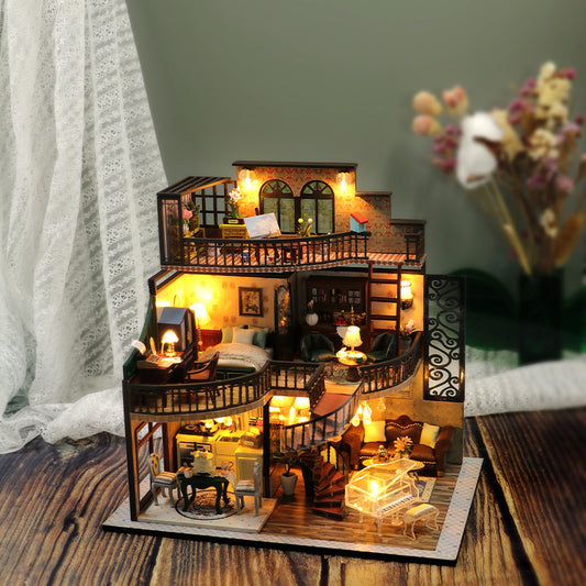Creative DIY model assembled cabin loft retro luxury decoration 3D doll house gift wholesale by hand.