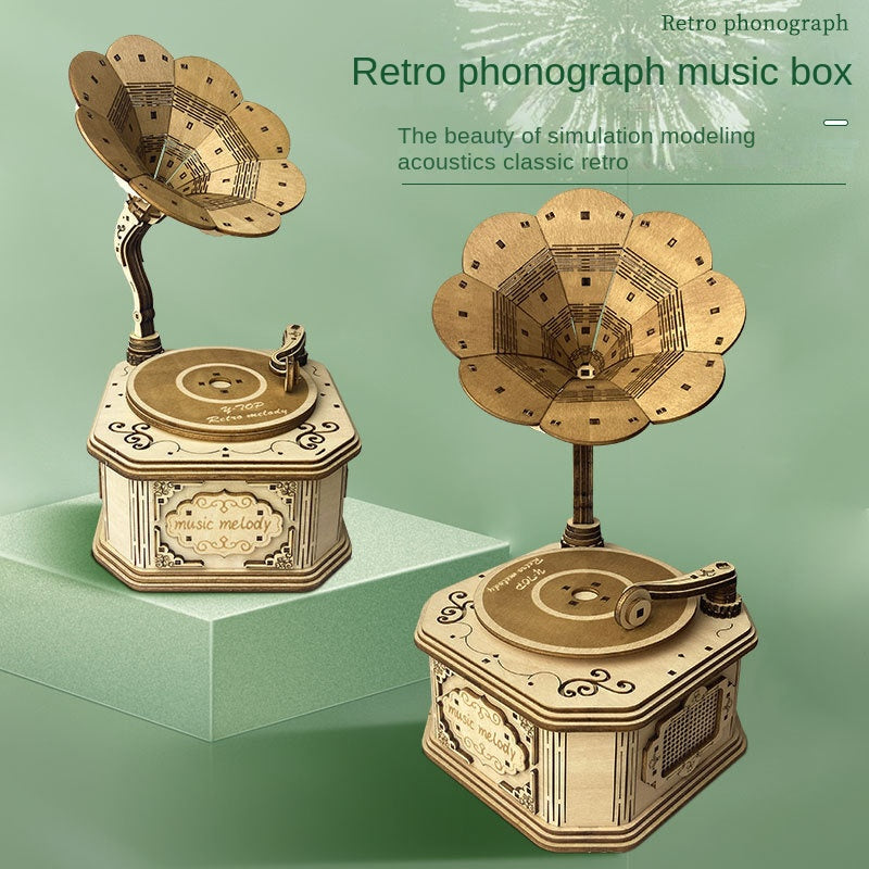 Wooden 3d stereo music box handmade DIY assembling toys creative gramophone music box children's holiday gifts